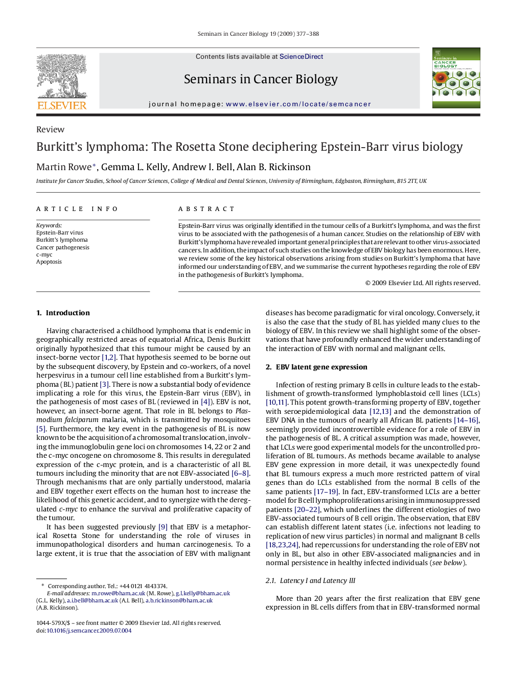 Burkitt's lymphoma: The Rosetta Stone deciphering Epstein-Barr virus biology