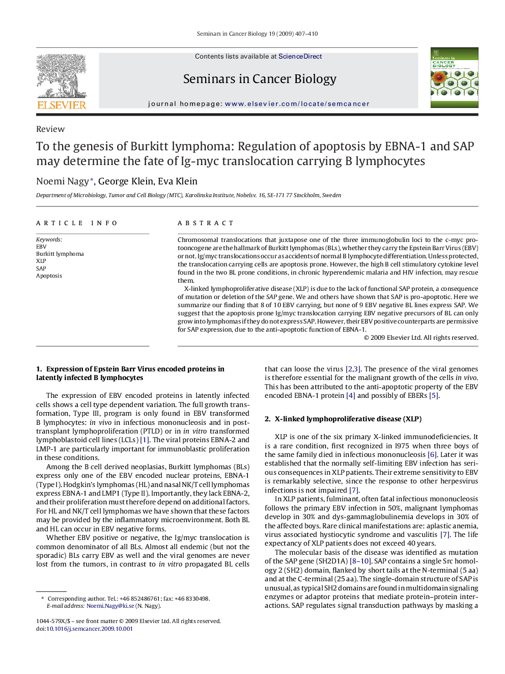 To the genesis of Burkitt lymphoma: Regulation of apoptosis by EBNA-1 and SAP may determine the fate of Ig-myc translocation carrying B lymphocytes