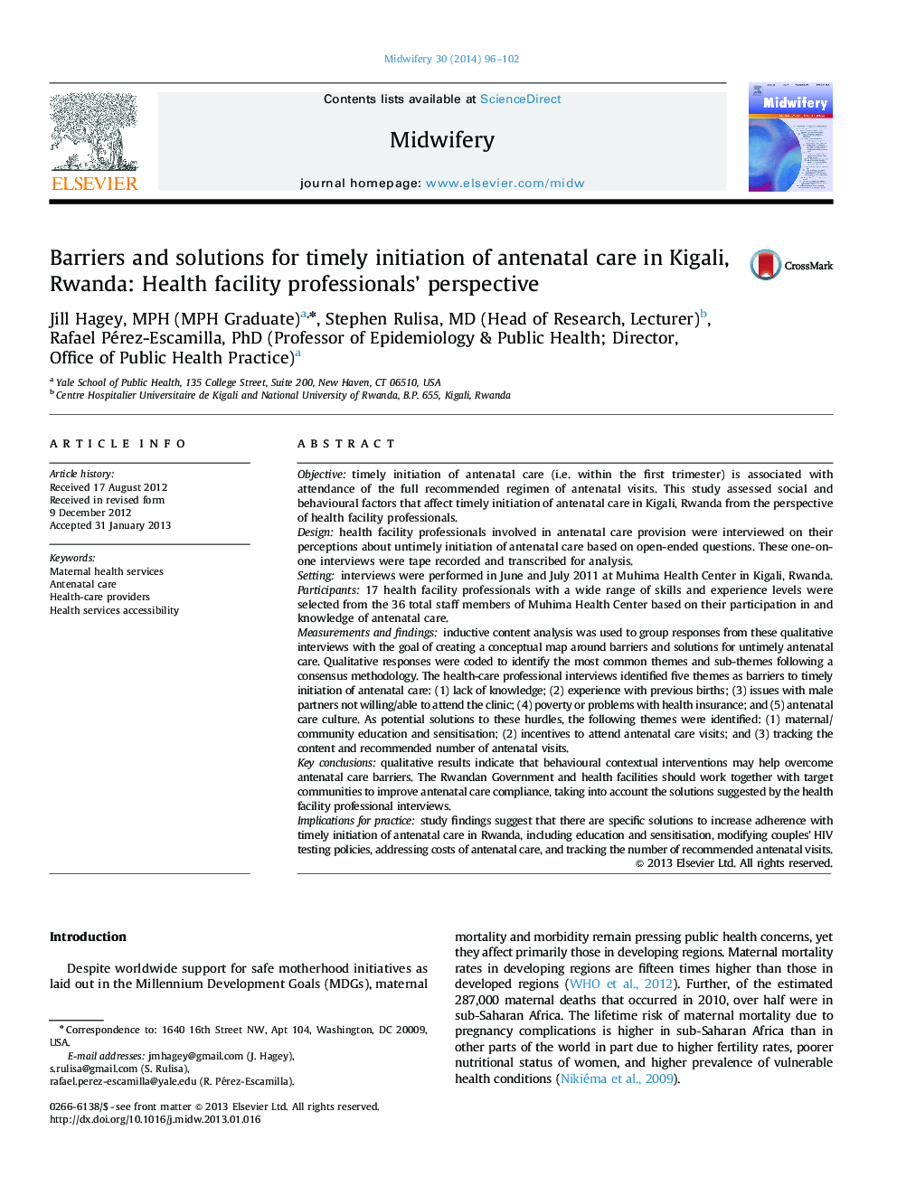 Barriers and solutions for timely initiation of antenatal care in Kigali, Rwanda: Health facility professionals' perspective