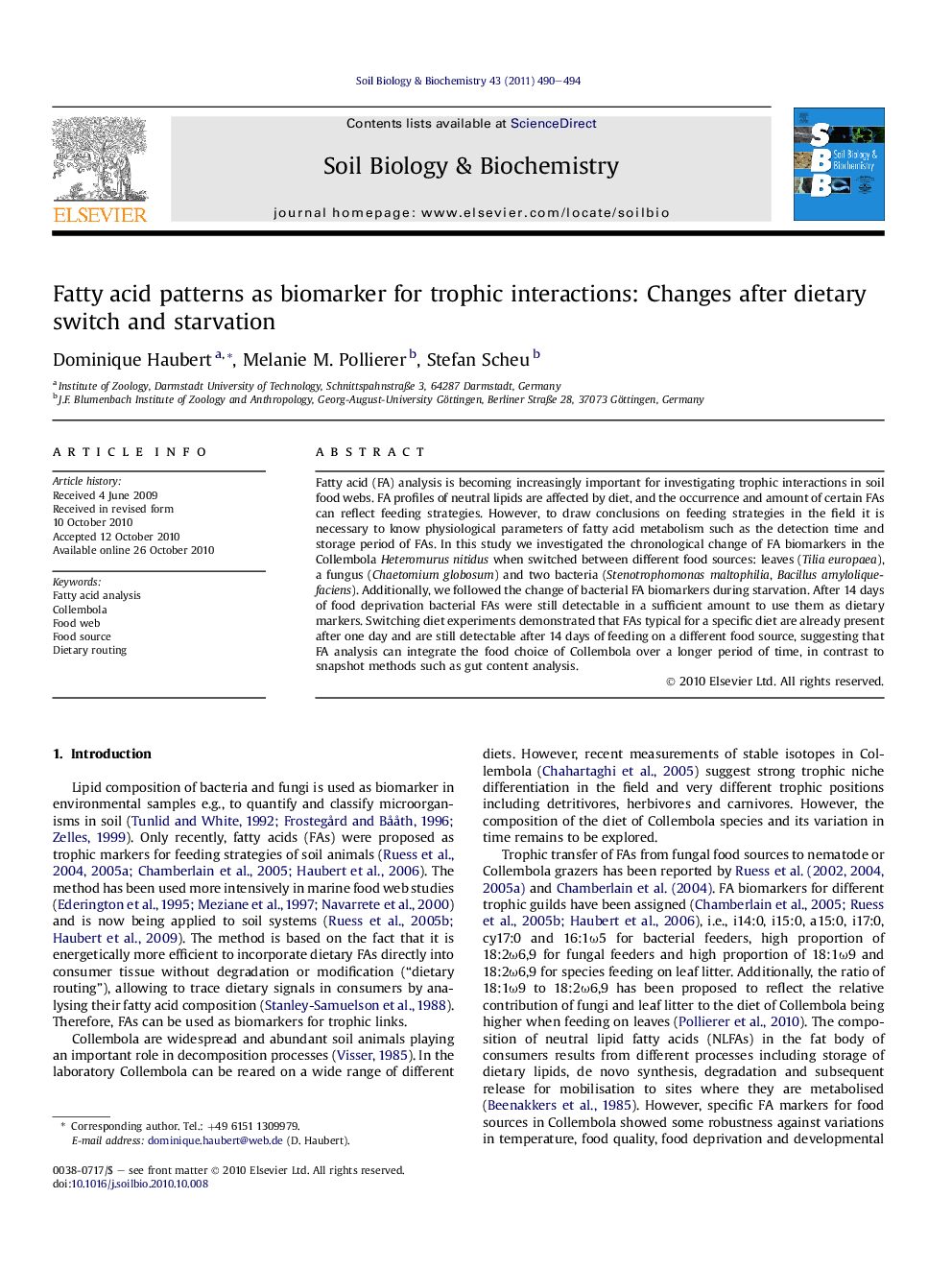 Fatty acid patterns as biomarker for trophic interactions: Changes after dietary switch and starvation