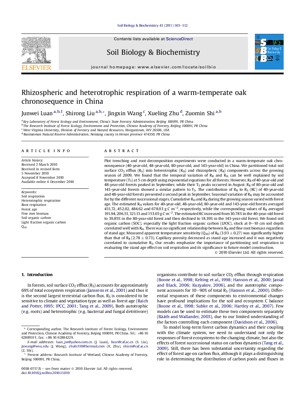 Rhizospheric and heterotrophic respiration of a warm-temperate oak chronosequence in China