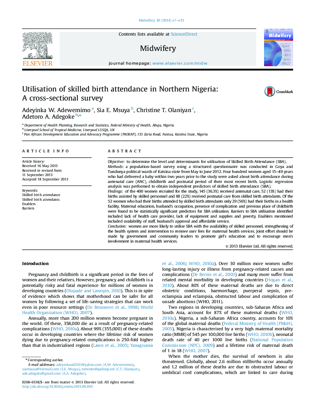 استفاده از حضور مامای ماهر در شمال نیجریه: یک بررسی مقطعی