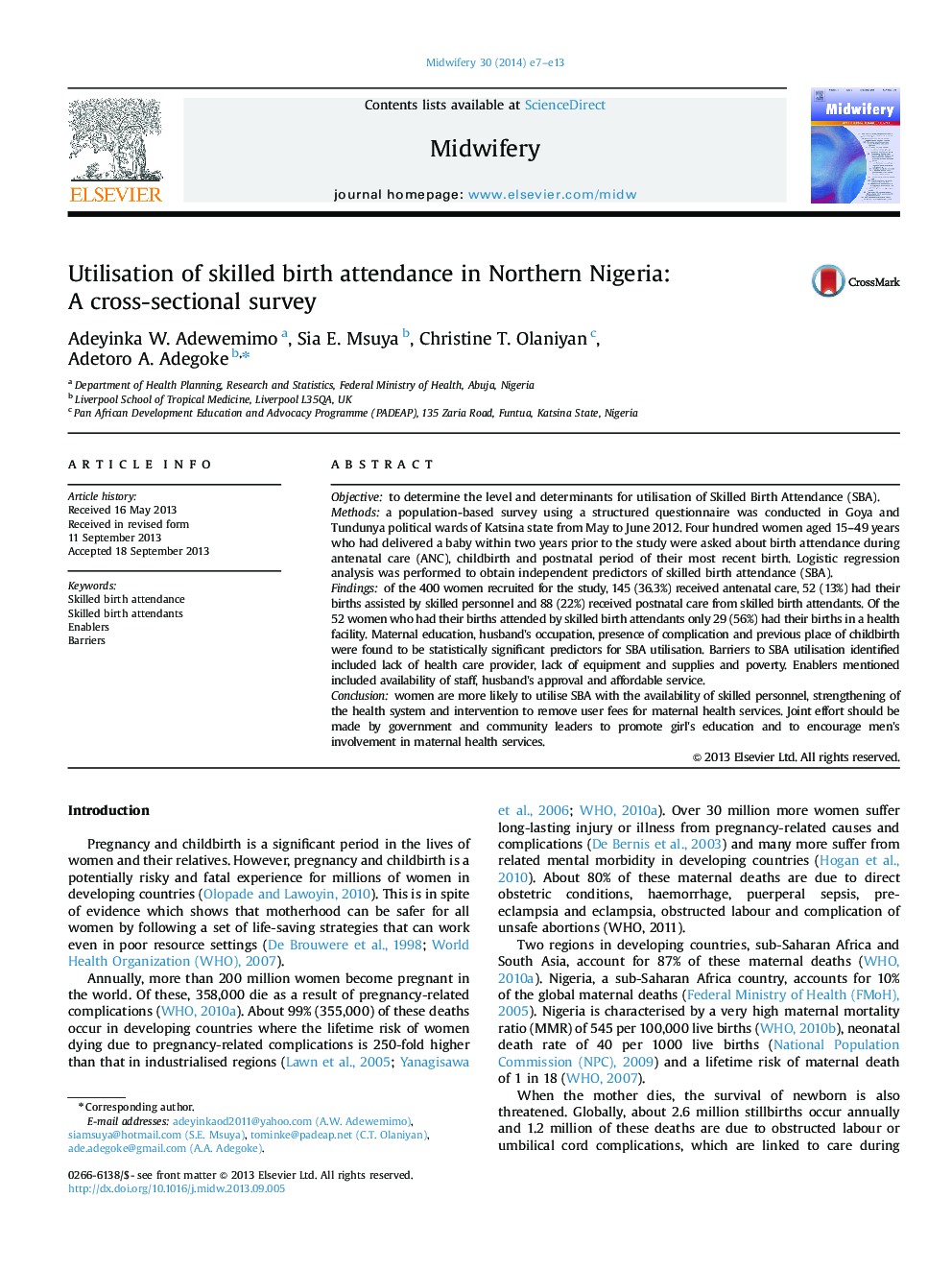 Utilisation of skilled birth attendance in Northern Nigeria: A cross-sectional survey