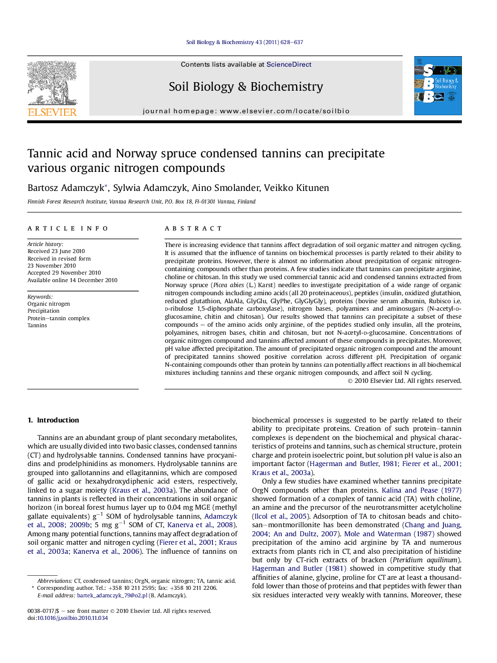 Tannic acid and Norway spruce condensed tannins can precipitate various organic nitrogen compounds