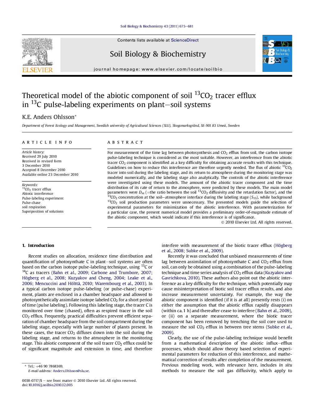 Theoretical model of the abiotic component of soil 13CO2 tracer efflux in 13C pulse-labeling experiments on plant-soil systems