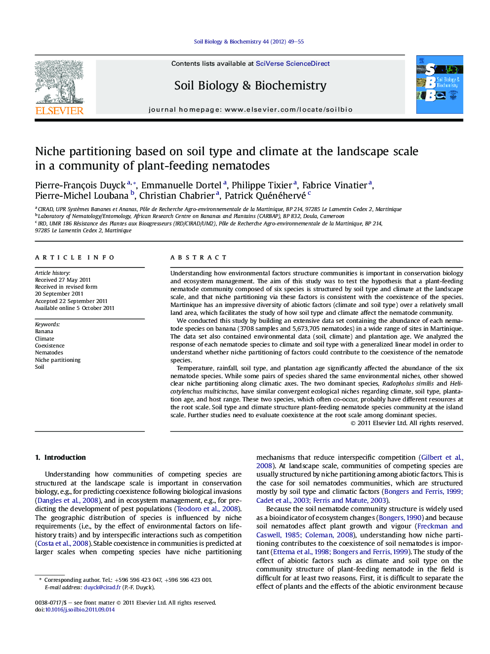 Niche partitioning based on soil type and climate at the landscape scale in a community of plant-feeding nematodes