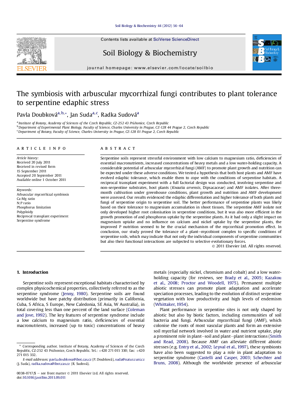 The symbiosis with arbuscular mycorrhizal fungi contributes to plant tolerance to serpentine edaphic stress