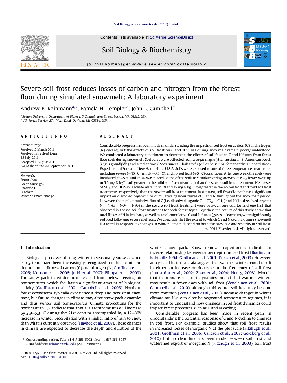 Severe soil frost reduces losses of carbon and nitrogen from the forest floor during simulated snowmelt: A laboratory experiment