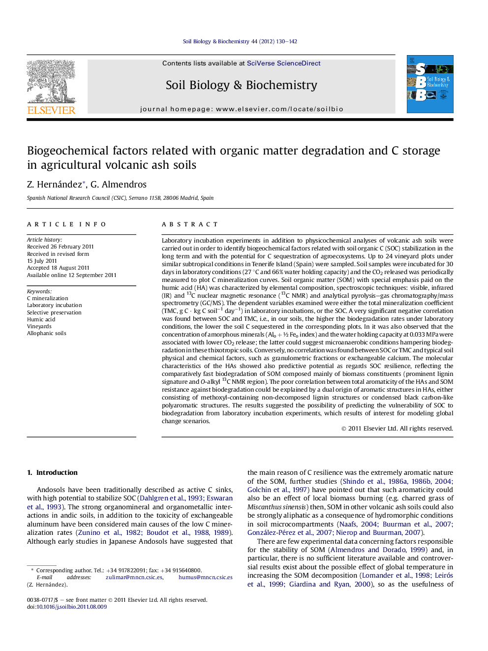 Biogeochemical factors related with organic matter degradation and C storage in agricultural volcanic ash soils