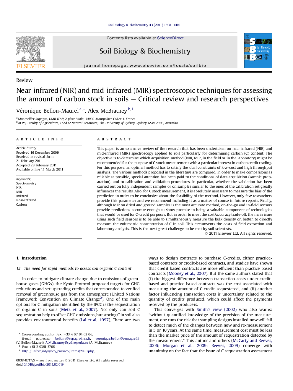 Near-infrared (NIR) and mid-infrared (MIR) spectroscopic techniques for assessing the amount of carbon stock in soils - Critical review and research perspectives