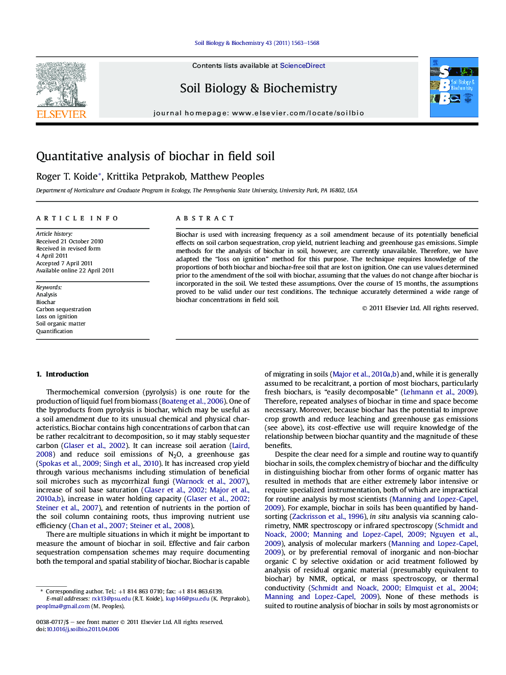 Quantitative analysis of biochar in field soil