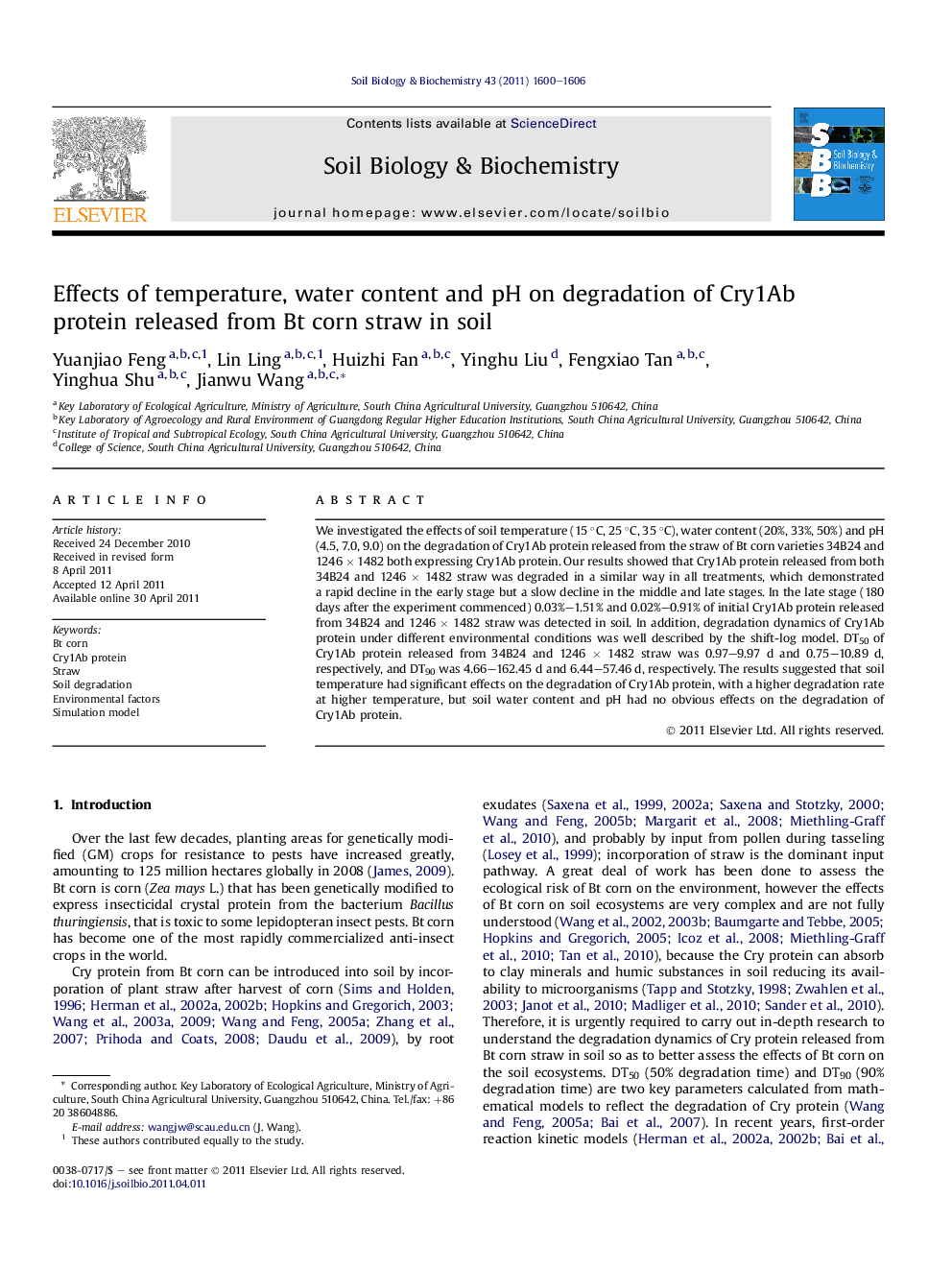 Effects of temperature, water content and pH on degradation of Cry1Ab protein released from Bt corn straw in soil