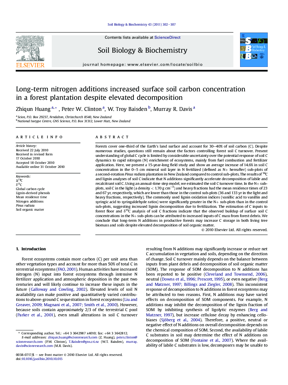 Long-term nitrogen additions increased surface soil carbon concentration in a forest plantation despite elevated decomposition