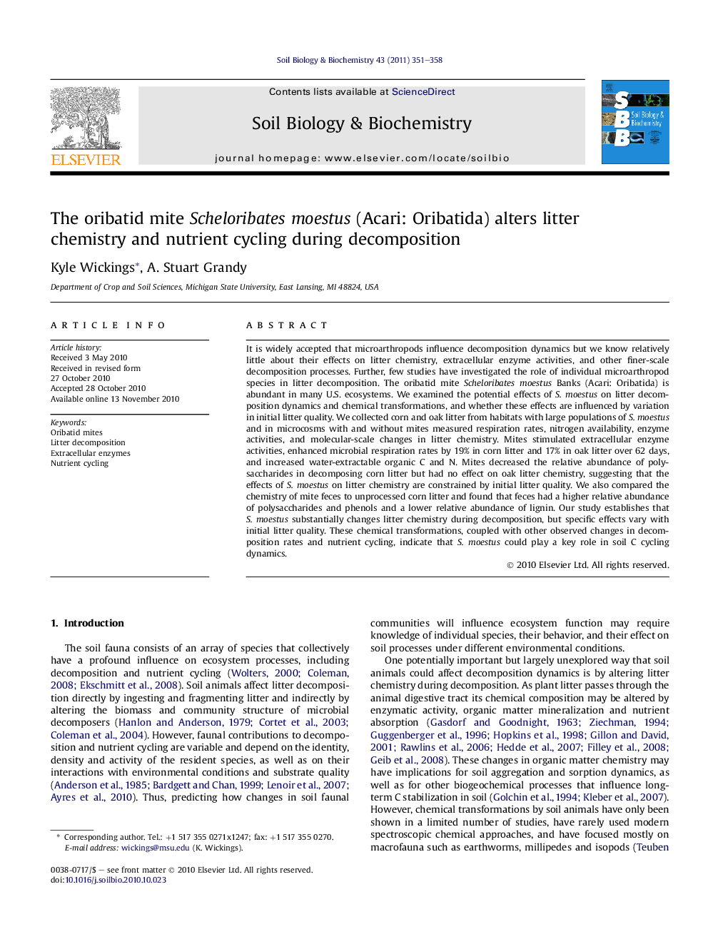 The oribatid mite Scheloribates moestus (Acari: Oribatida) alters litter chemistry and nutrient cycling during decomposition