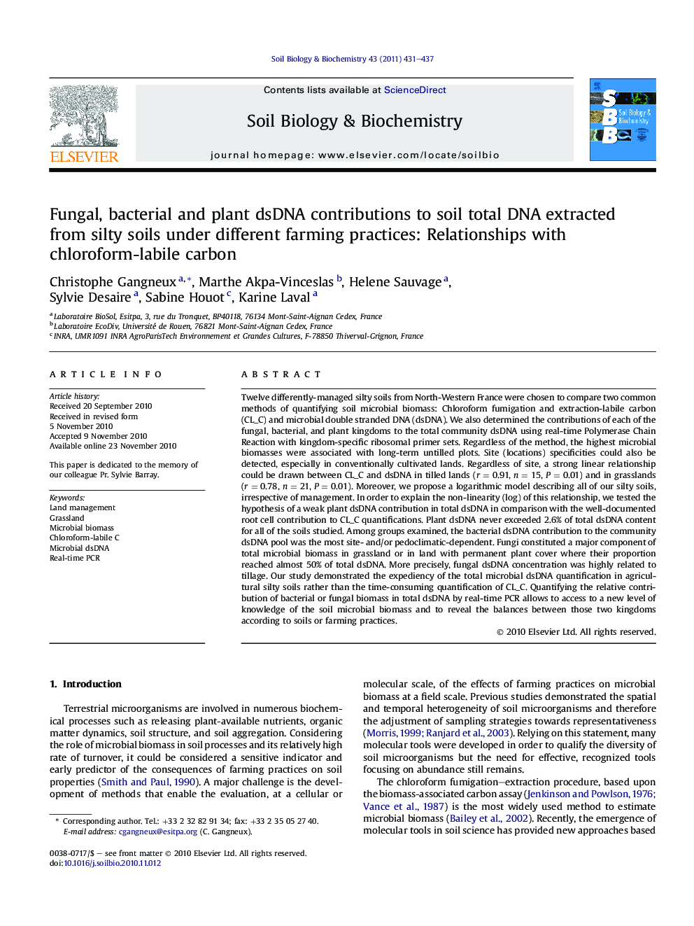 Fungal, bacterial and plant dsDNA contributions to soil total DNA extracted from silty soils under different farming practices: Relationships with chloroform-labile carbon