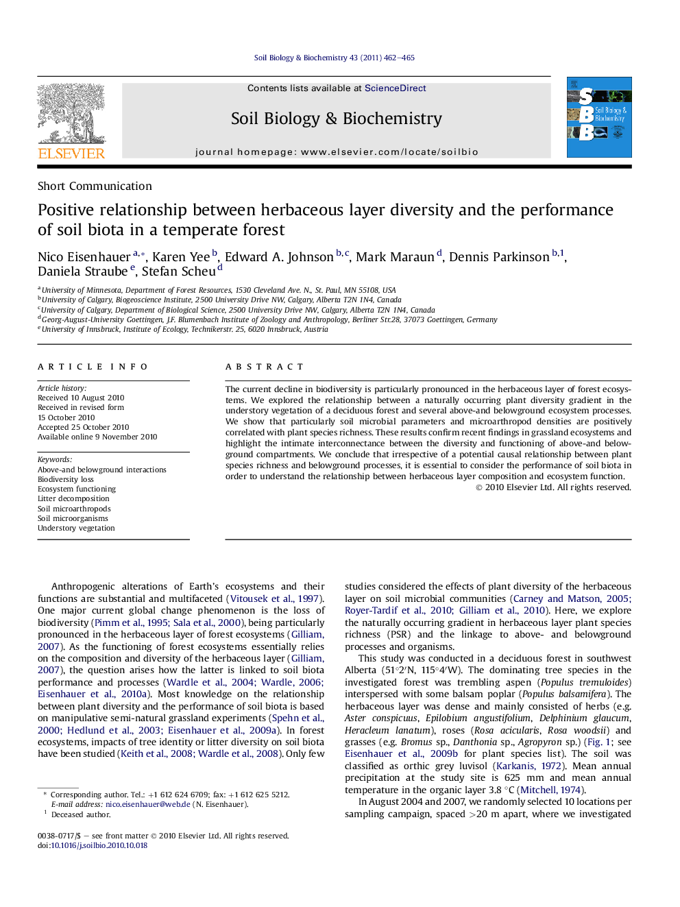 Positive relationship between herbaceous layer diversity and the performance of soil biota in a temperate forest