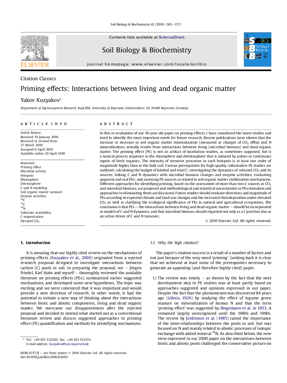 Priming effects: Interactions between living and dead organic matter