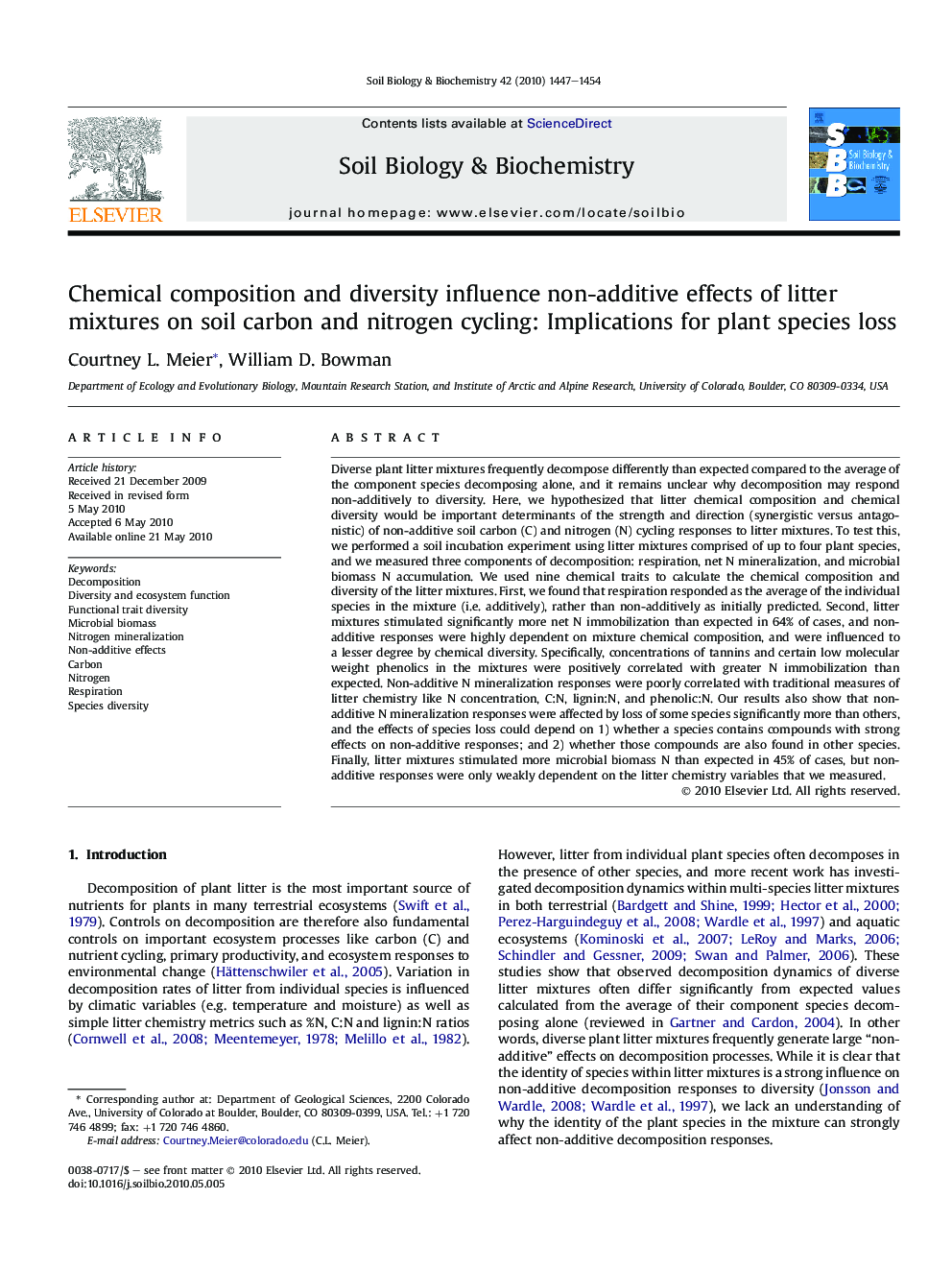 Chemical composition and diversity influence non-additive effects of litter mixtures on soil carbon and nitrogen cycling: Implications for plant species loss