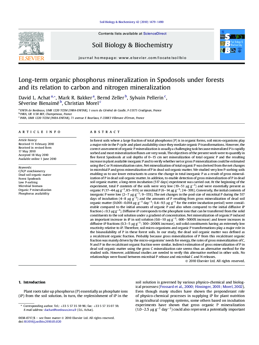 Long-term organic phosphorus mineralization in Spodosols under forests and its relation to carbon and nitrogen mineralization