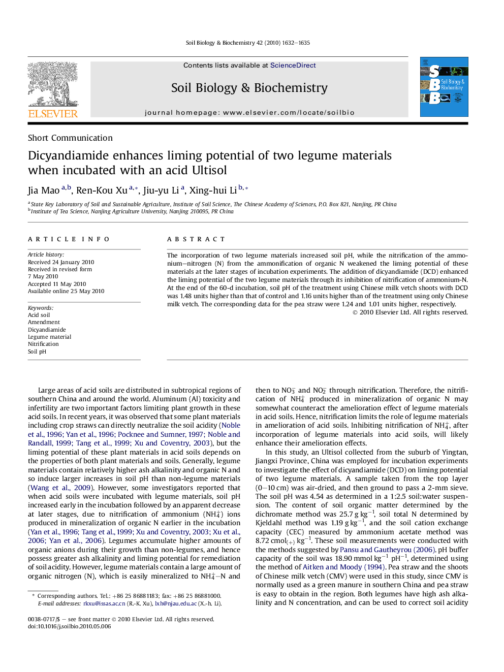 Dicyandiamide enhances liming potential of two legume materials when incubated with an acid Ultisol