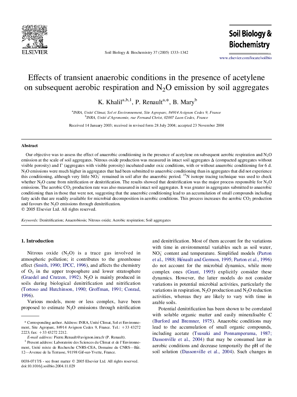 Effects of transient anaerobic conditions in the presence of acetylene on subsequent aerobic respiration and N2O emission by soil aggregates