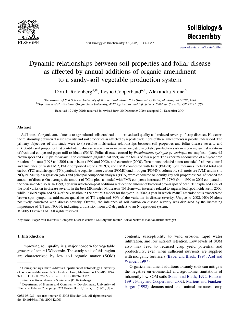 Dynamic relationships between soil properties and foliar disease as affected by annual additions of organic amendment to a sandy-soil vegetable production system