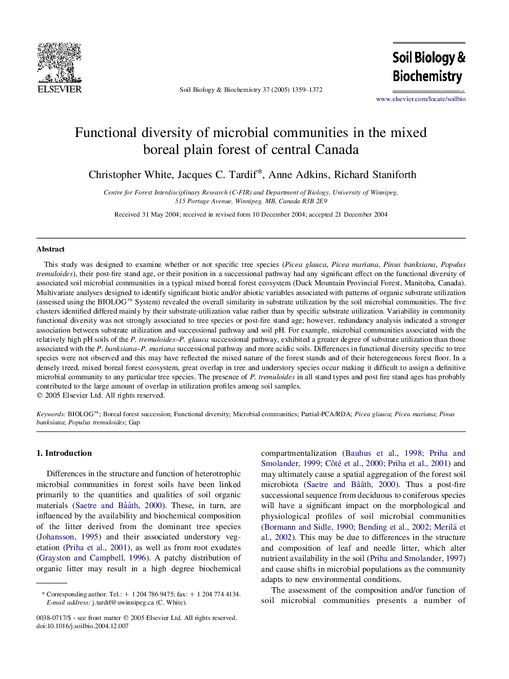 Functional diversity of microbial communities in the mixed boreal plain forest of central Canada