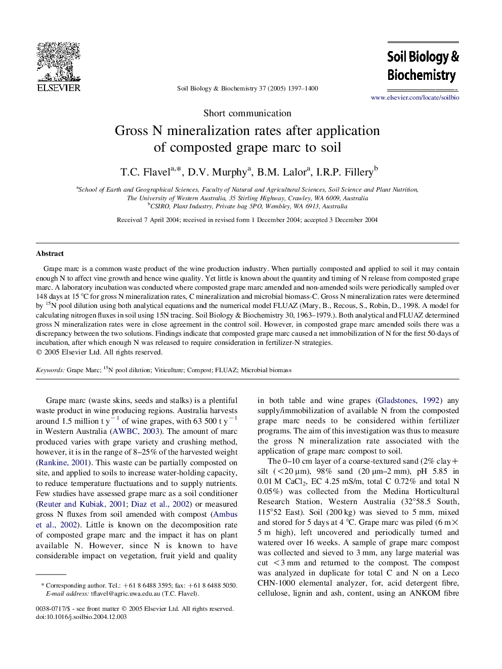 Gross N mineralization rates after application of composted grape marc to soil