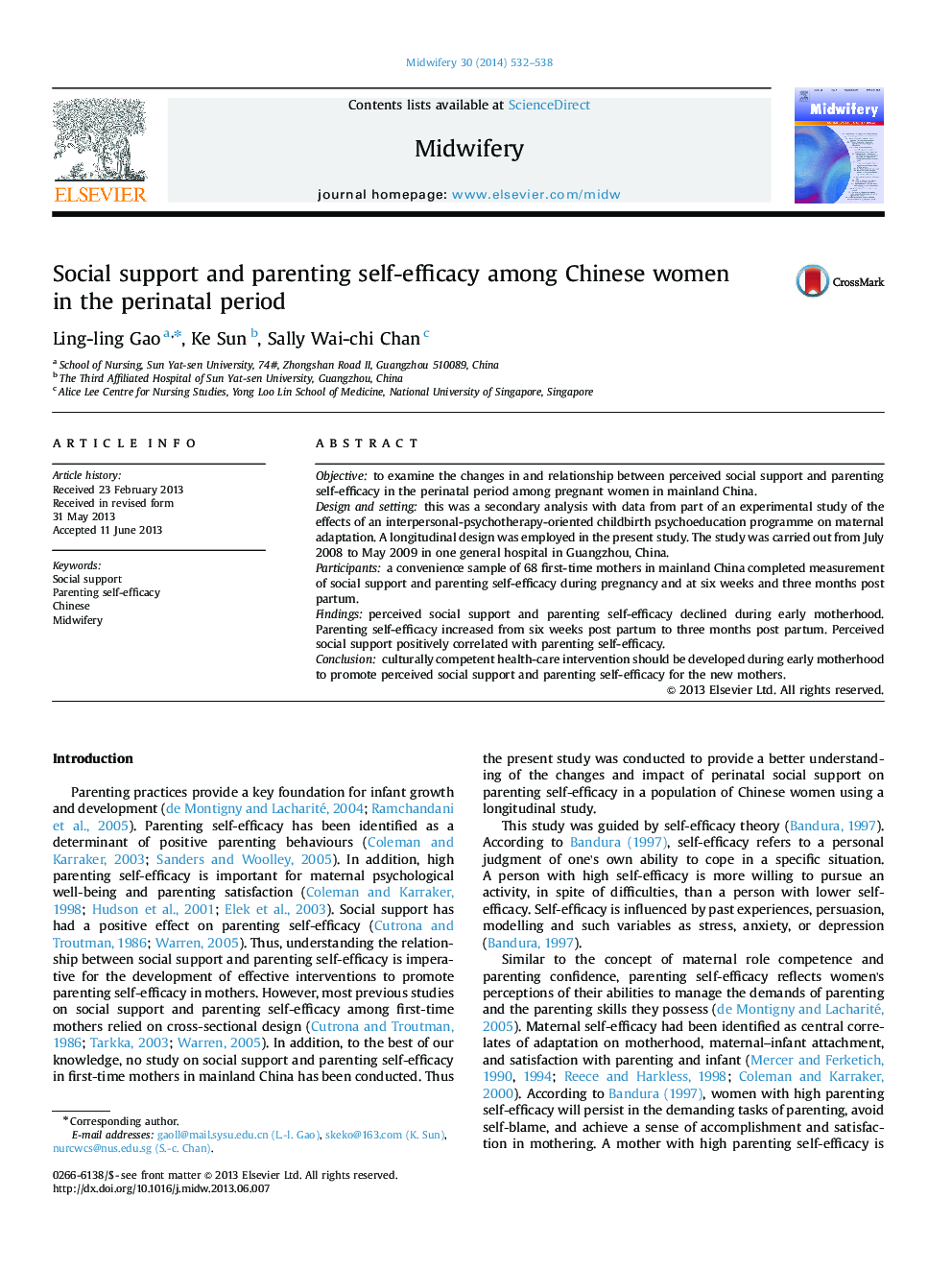 Social support and parenting self-efficacy among Chinese women in the perinatal period