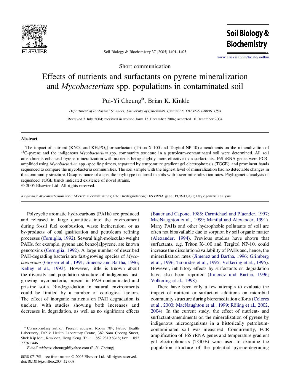 Effects of nutrients and surfactants on pyrene mineralization and Mycobacterium spp. populations in contaminated soil