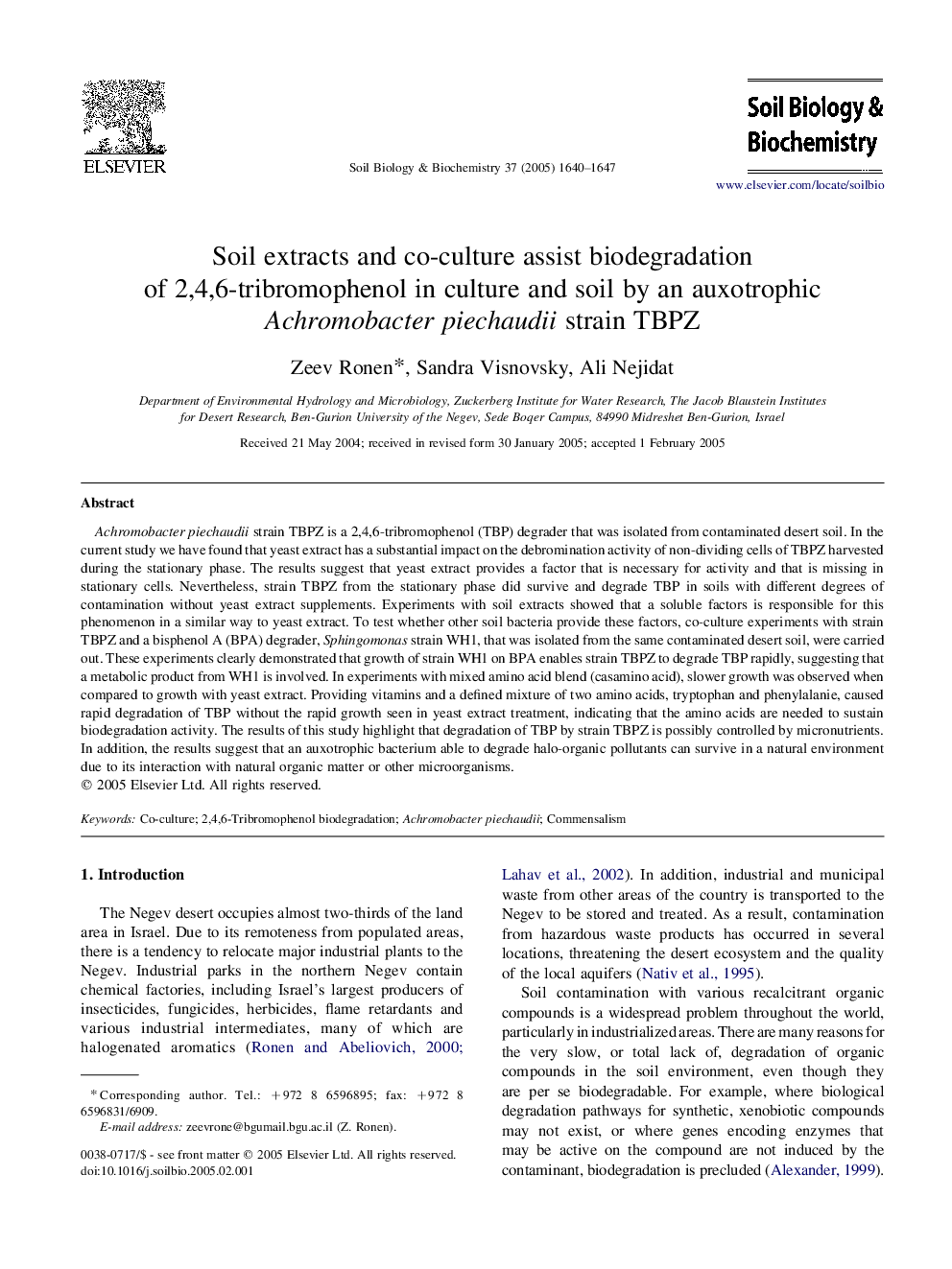 Soil extracts and co-culture assist biodegradation of 2,4,6-tribromophenol in culture and soil by an auxotrophic Achromobacter piechaudii strain TBPZ