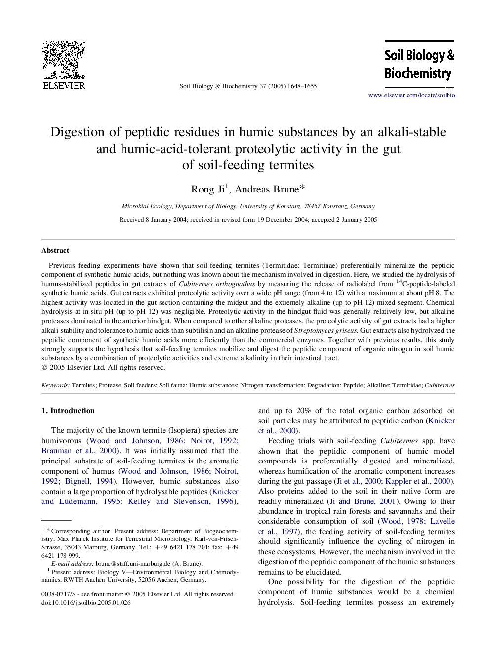 Digestion of peptidic residues in humic substances by an alkali-stable and humic-acid-tolerant proteolytic activity in the gut of soil-feeding termites