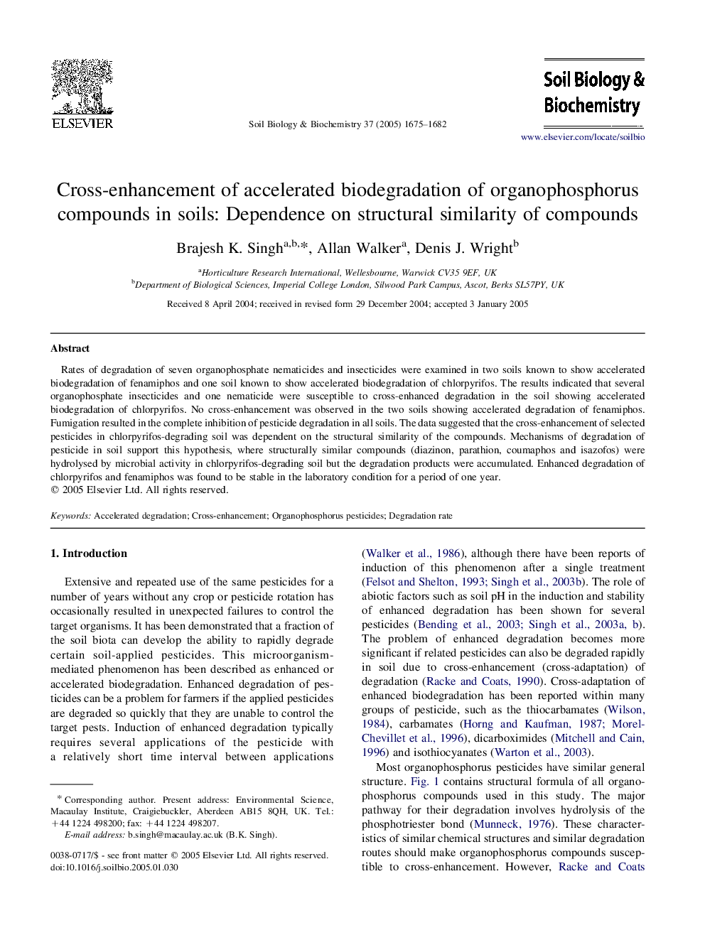 Cross-enhancement of accelerated biodegradation of organophosphorus compounds in soils: Dependence on structural similarity of compounds