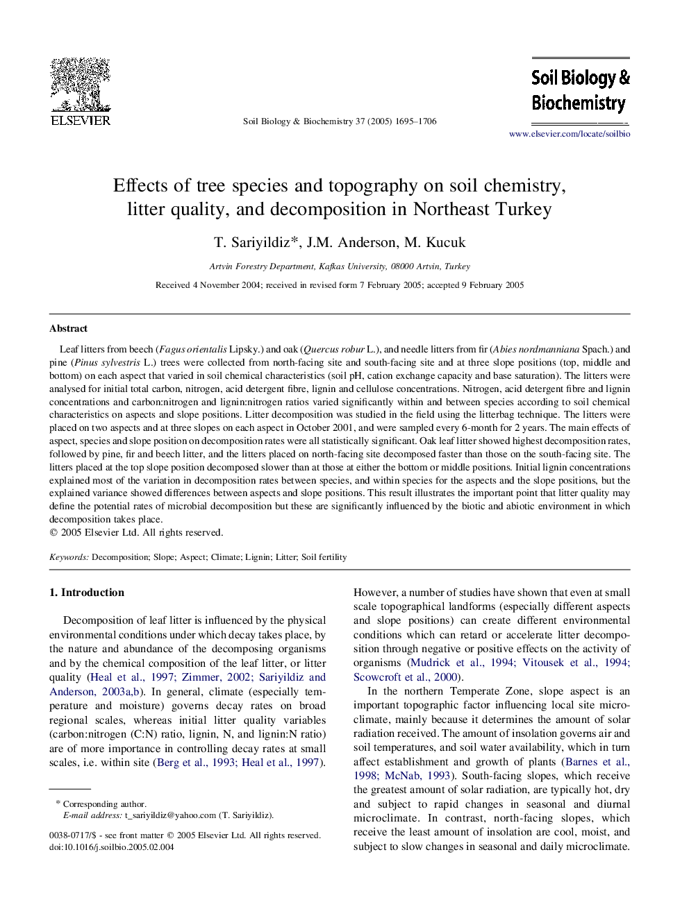 Effects of tree species and topography on soil chemistry, litter quality, and decomposition in Northeast Turkey