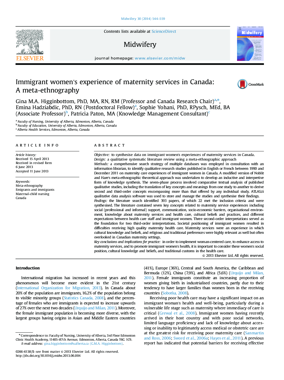 Immigrant women's experience of maternity services in Canada: A meta-ethnography