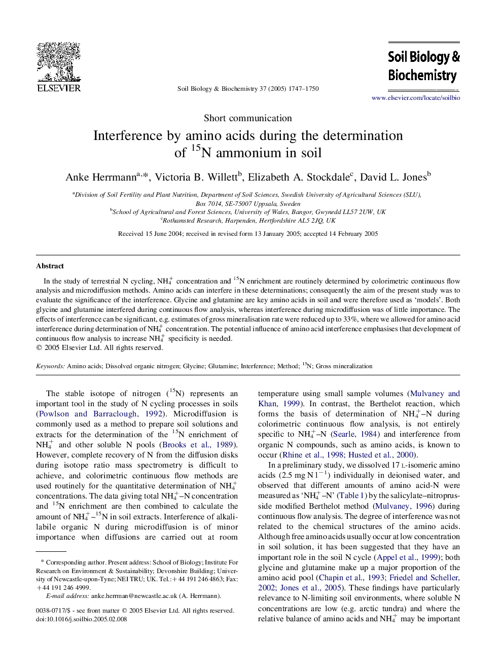 Interference by amino acids during the determination of 15N ammonium in soil