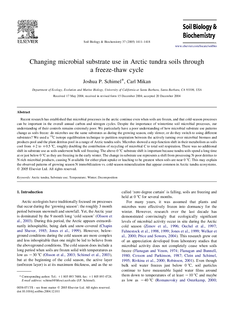 Changing microbial substrate use in Arctic tundra soils through a freeze-thaw cycle