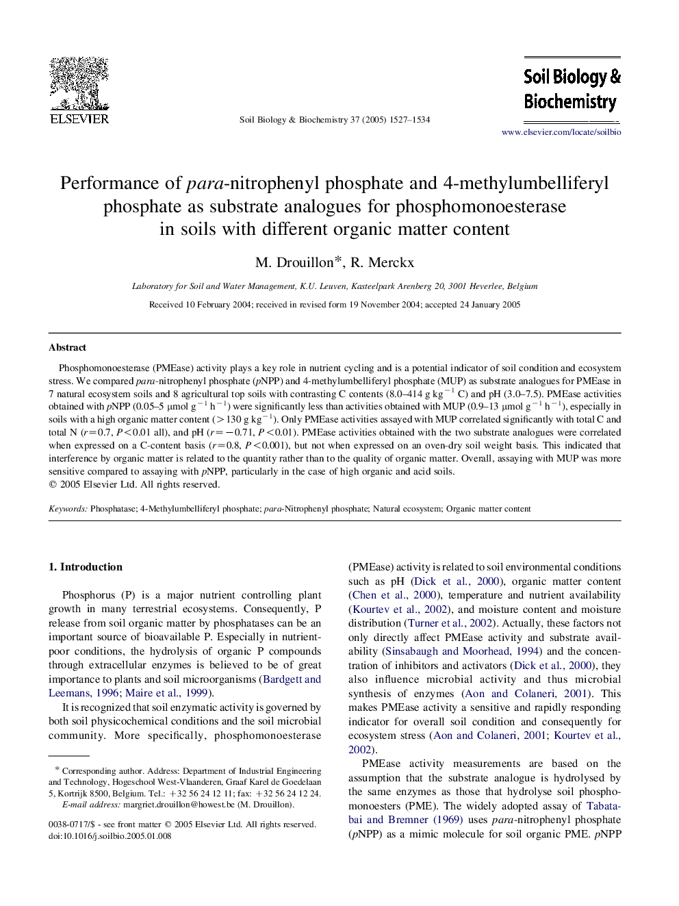 Performance of para-nitrophenyl phosphate and 4-methylumbelliferyl phosphate as substrate analogues for phosphomonoesterase in soils with different organic matter content