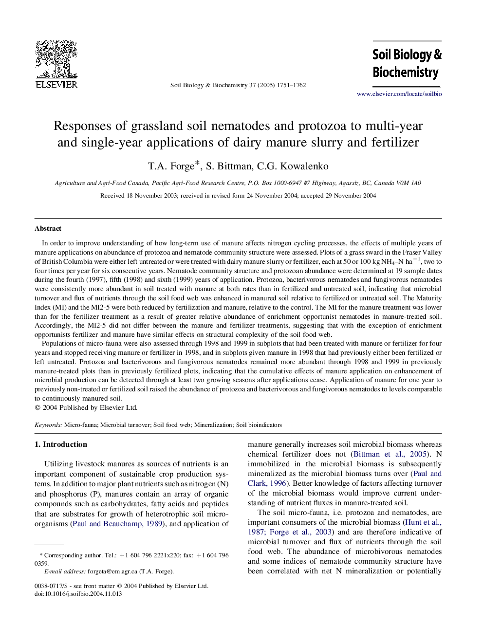 Responses of grassland soil nematodes and protozoa to multi-year and single-year applications of dairy manure slurry and fertilizer