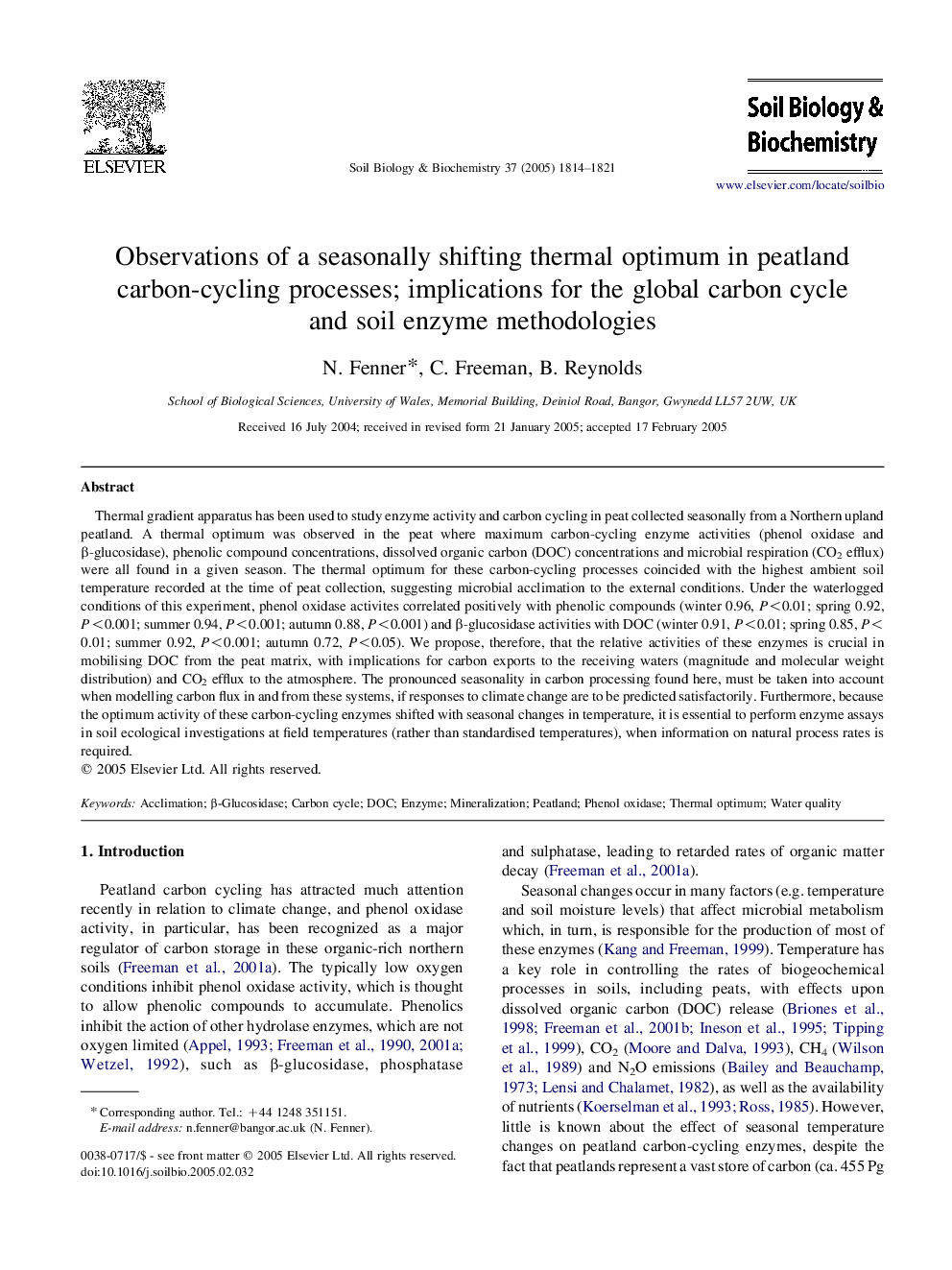 Observations of a seasonally shifting thermal optimum in peatland carbon-cycling processes; implications for the global carbon cycle and soil enzyme methodologies