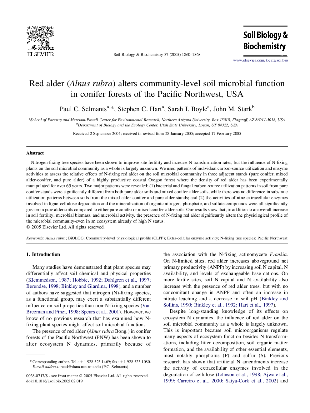 Red alder (Alnus rubra) alters community-level soil microbial function in conifer forests of the Pacific Northwest, USA