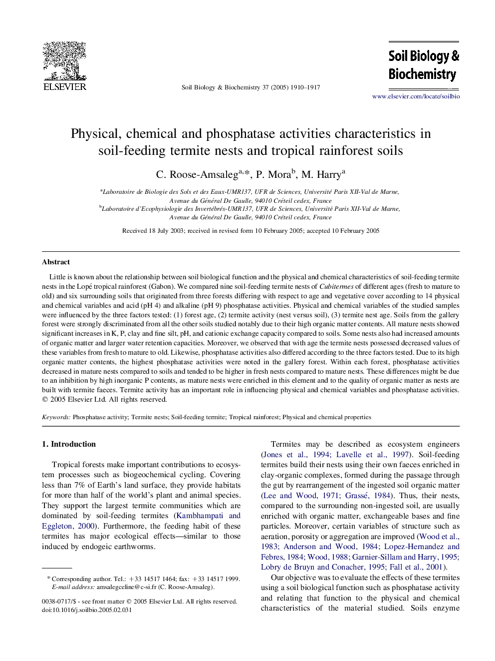 Physical, chemical and phosphatase activities characteristics in soil-feeding termite nests and tropical rainforest soils