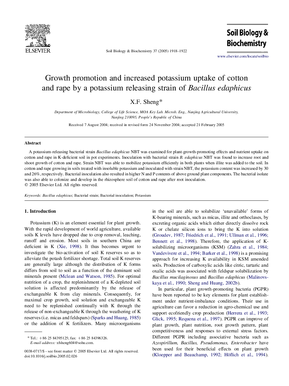 Growth promotion and increased potassium uptake of cotton and rape by a potassium releasing strain of Bacillus edaphicus