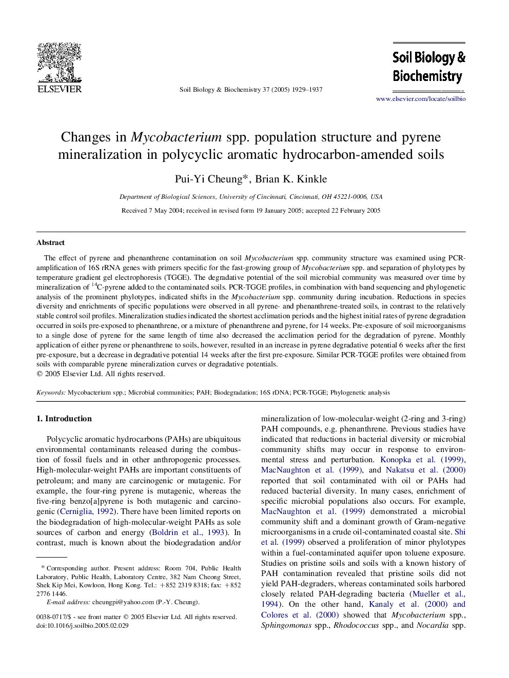 Changes in Mycobacterium spp. population structure and pyrene mineralization in polycyclic aromatic hydrocarbon-amended soils