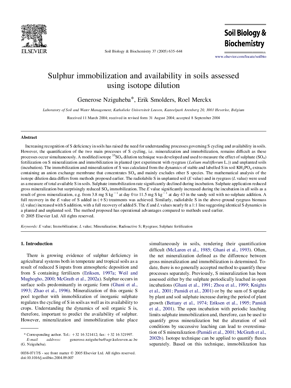 Sulphur immobilization and availability in soils assessed using isotope dilution