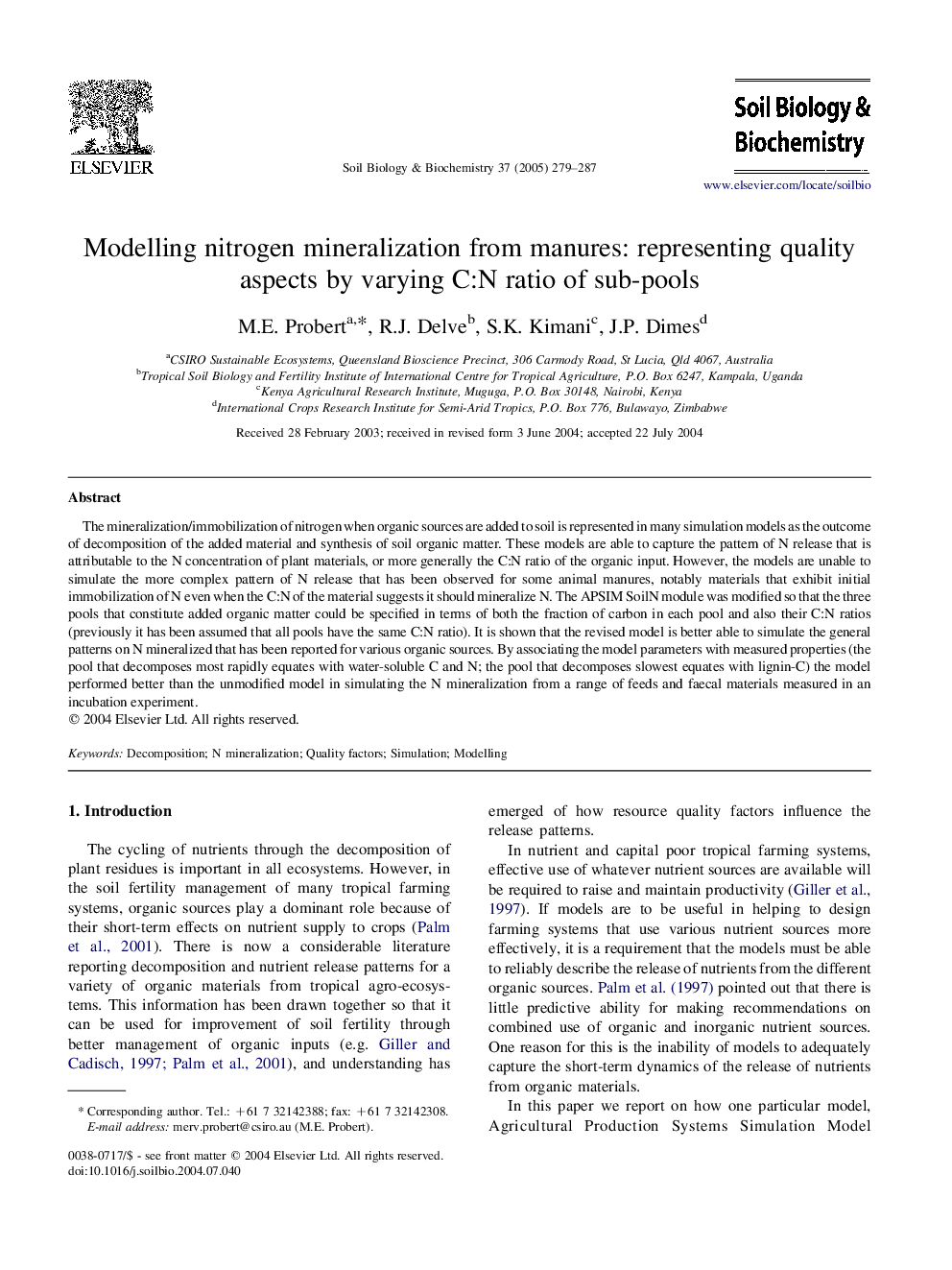 Modelling nitrogen mineralization from manures: representing quality aspects by varying C:N ratio of sub-pools