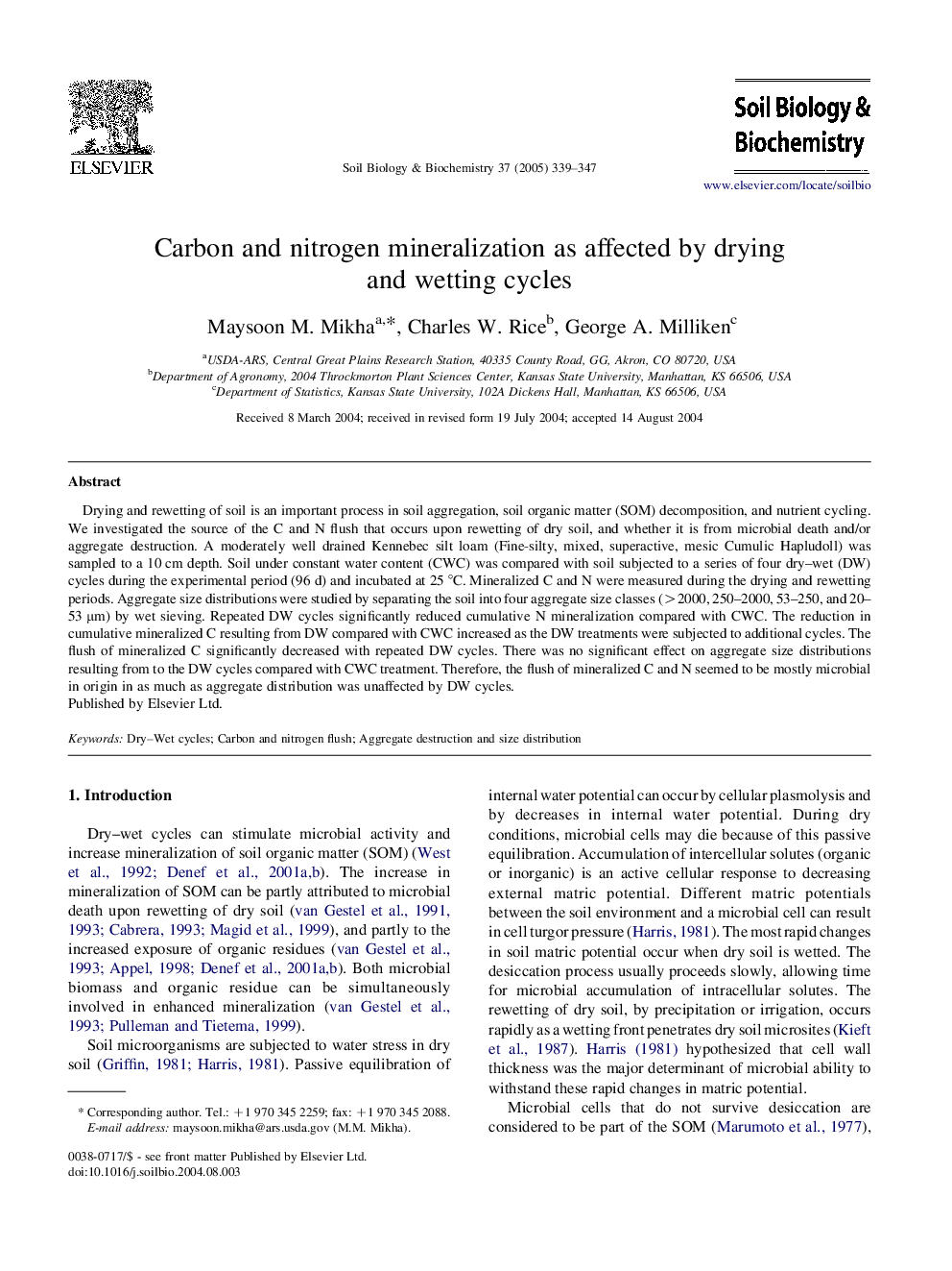 Carbon and nitrogen mineralization as affected by drying and wetting cycles