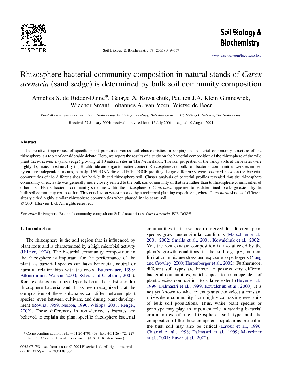 Rhizosphere bacterial community composition in natural stands of Carex arenaria (sand sedge) is determined by bulk soil community composition