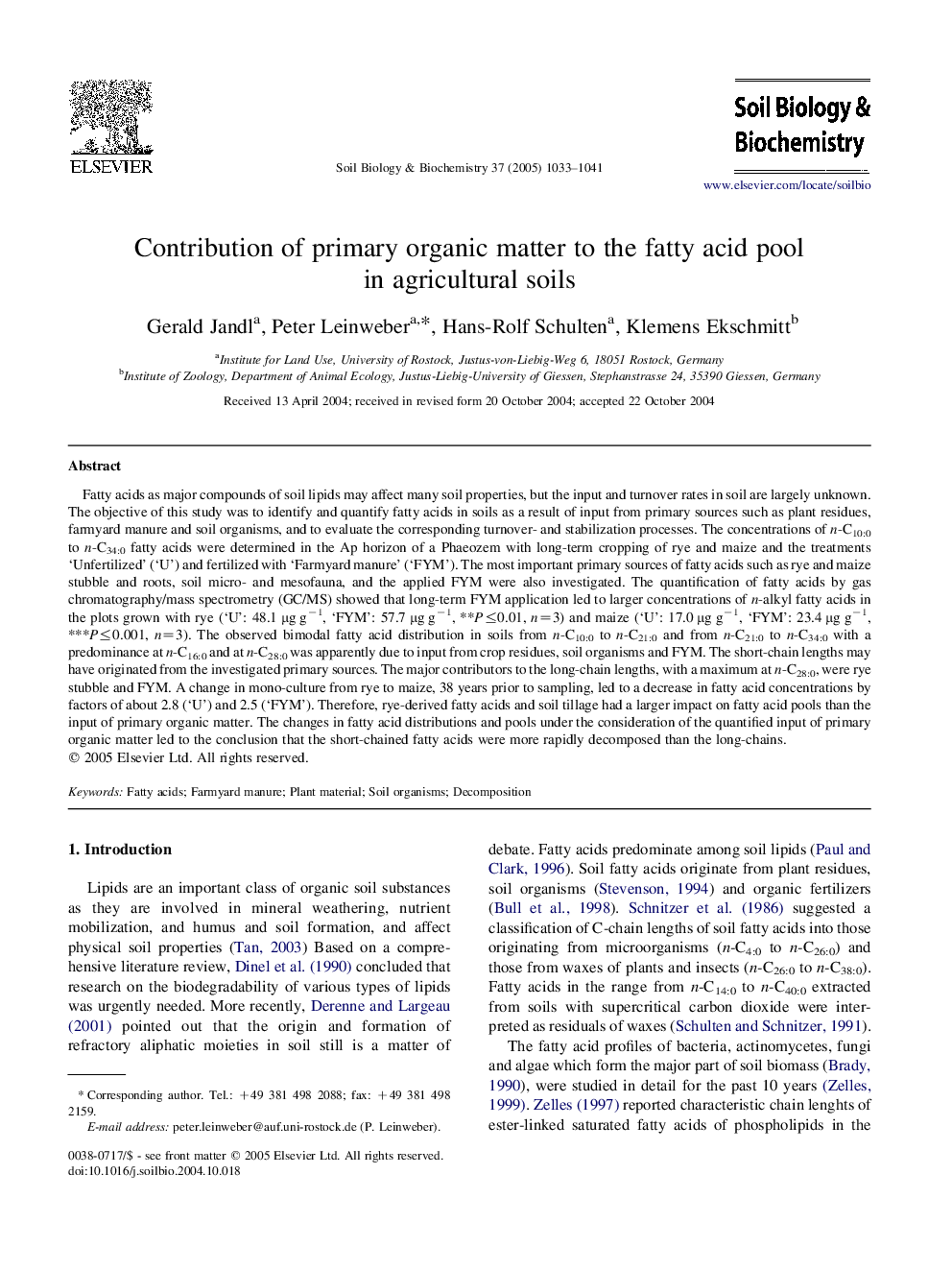 Contribution of primary organic matter to the fatty acid pool in agricultural soils