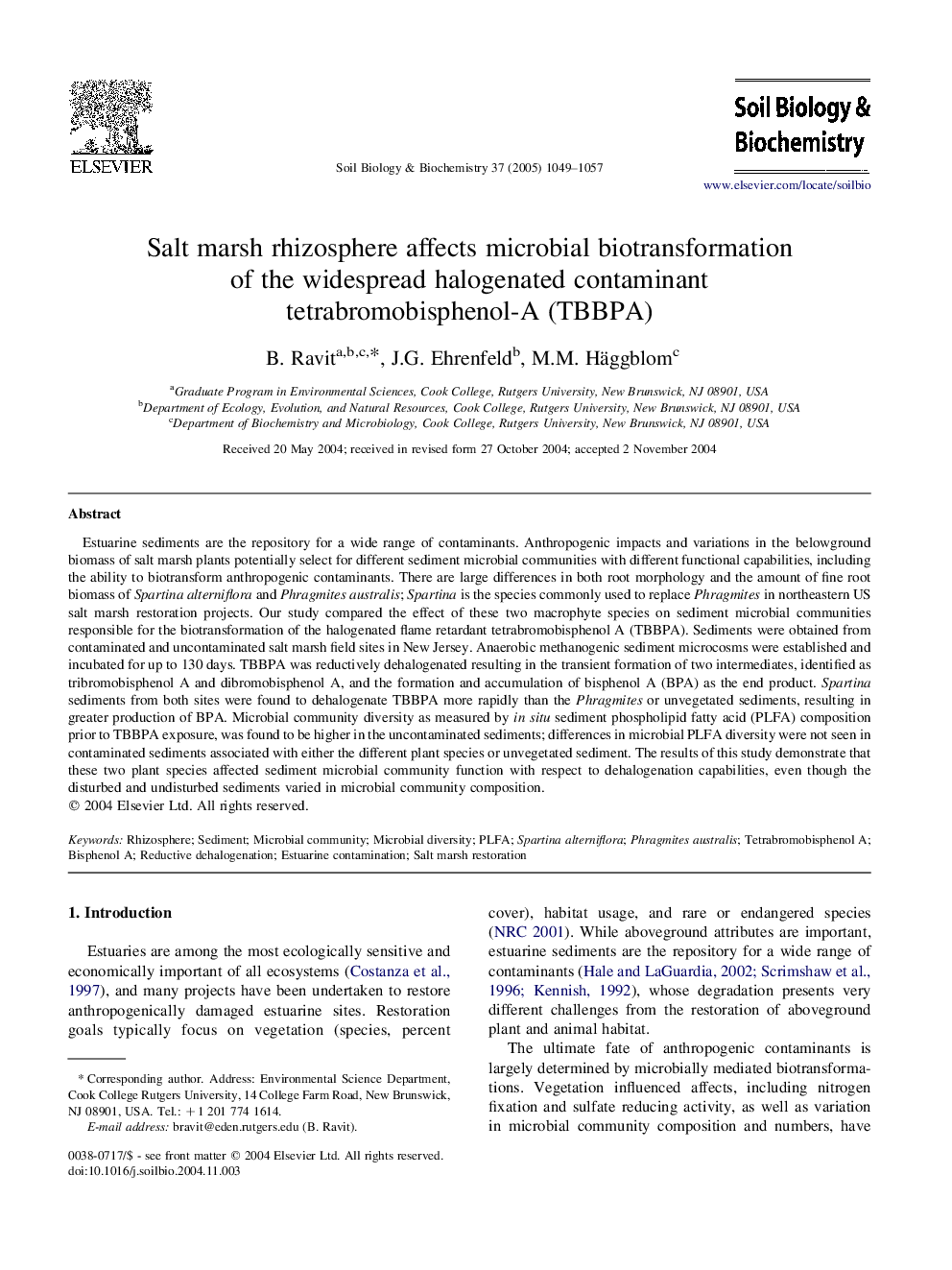 Salt marsh rhizosphere affects microbial biotransformation of the widespread halogenated contaminant tetrabromobisphenol-A (TBBPA)